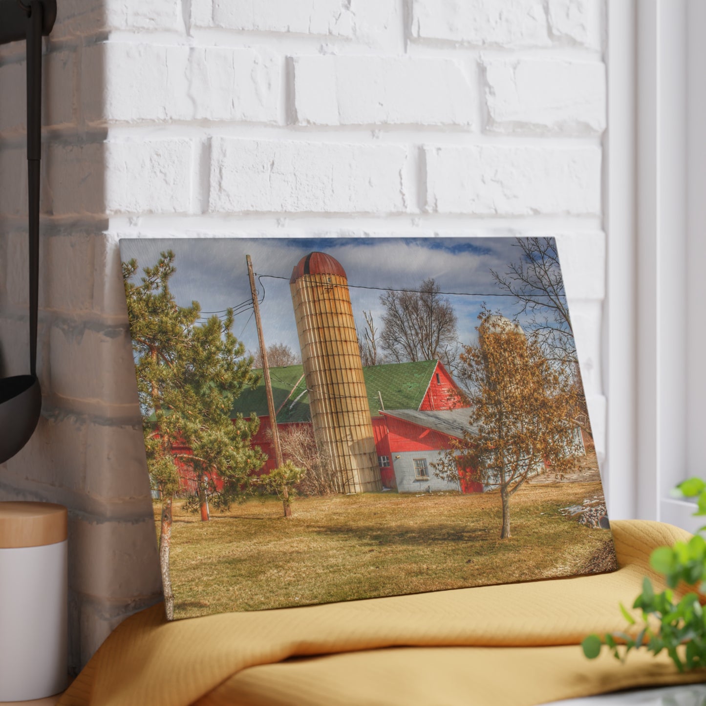 U R There Photography Newark Road Red and Silos II Rustic Farmhouse Tempered-Glass Cutting Board