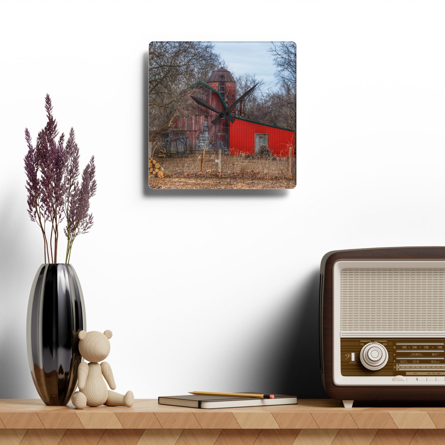 U R There Photography Bray Road Hidden Barnyard Red I Rustic Farmhouse Acrylic Analog Wall Clock
