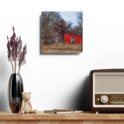 U R There Photography Bray Road Hidden Barnyard Red I Rustic Farmhouse Acrylic Analog Wall Clock