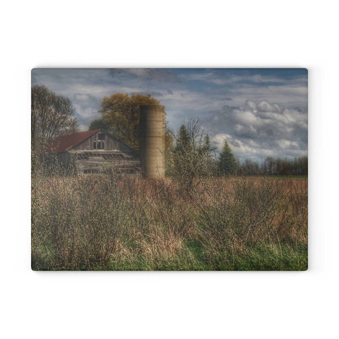 U R There Photography Old Wooden Barn and Silo I Rustic Farmhouse Tempered-Glass Cutting Board