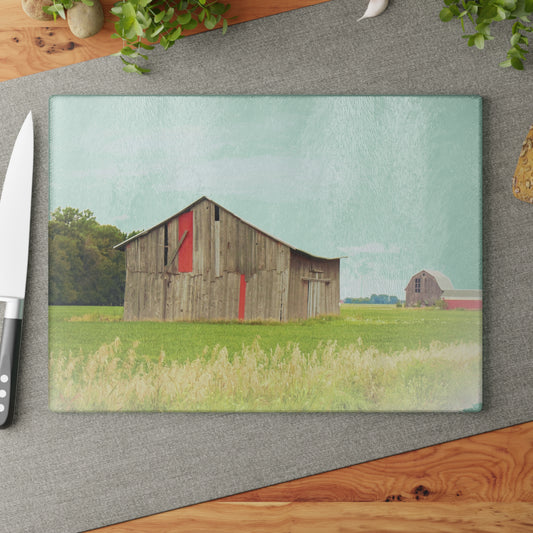 U R There Photography Square Barn with Barn in the Distance Rustic Farmhouse Tempered-Glass Cutting Board