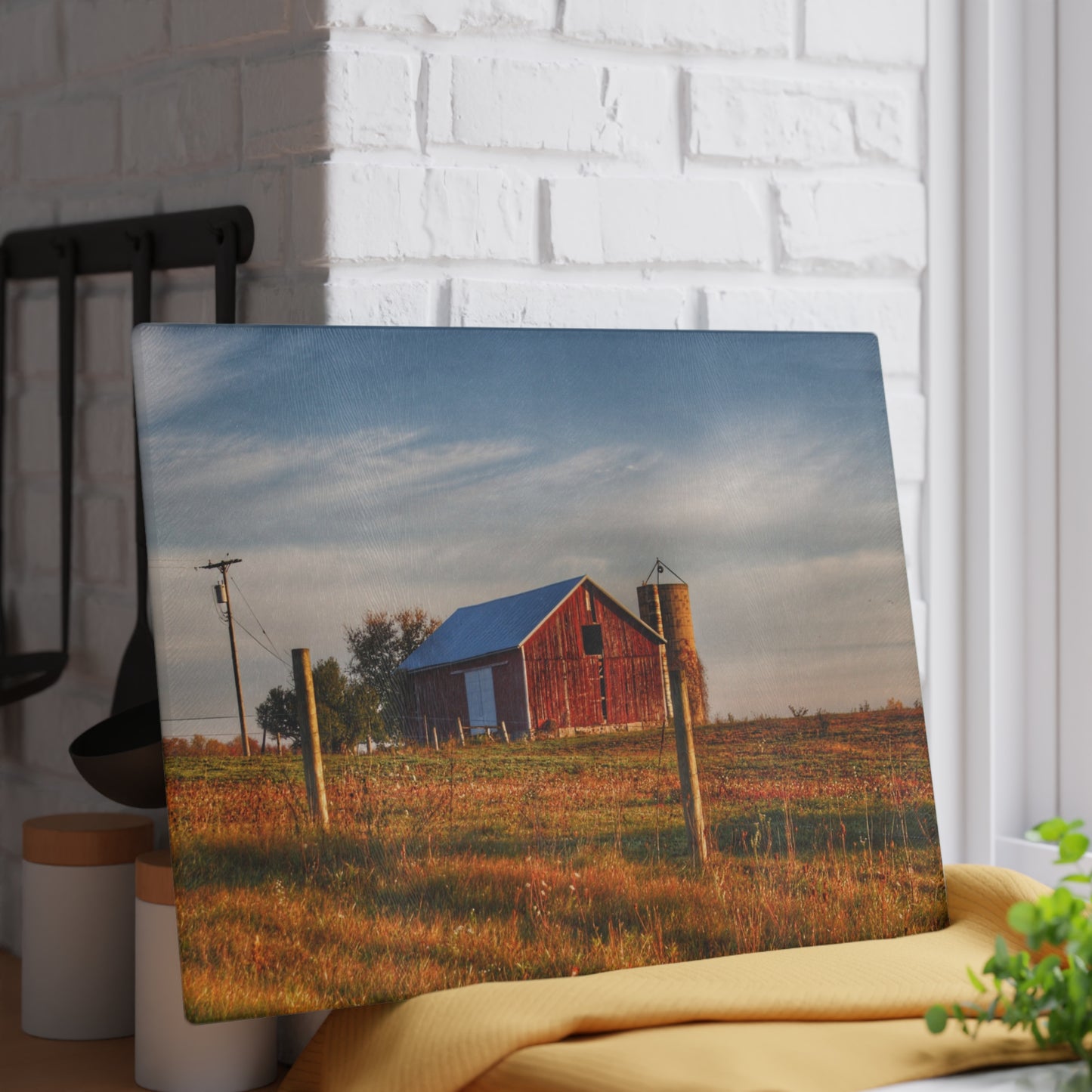 U R There Photography Lake Pleasant Road Little Red and Silo I Rustic Farmhouse Tempered-Glass Cutting Board