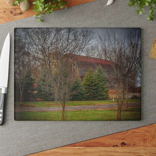 U R There Photography Rusted Red Beyond the Pines Rustic Farmhouse Tempered-Glass Cutting Board