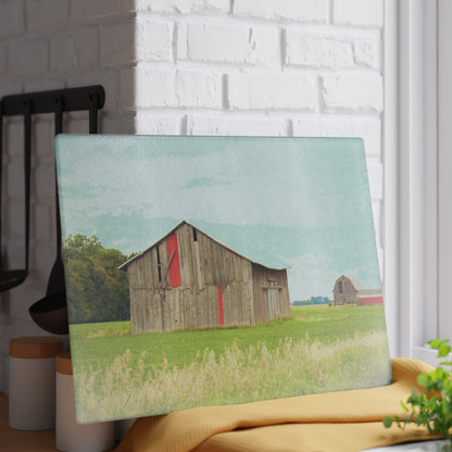 U R There Photography Square Barn with Barn in the Distance Rustic Farmhouse Tempered-Glass Cutting Board