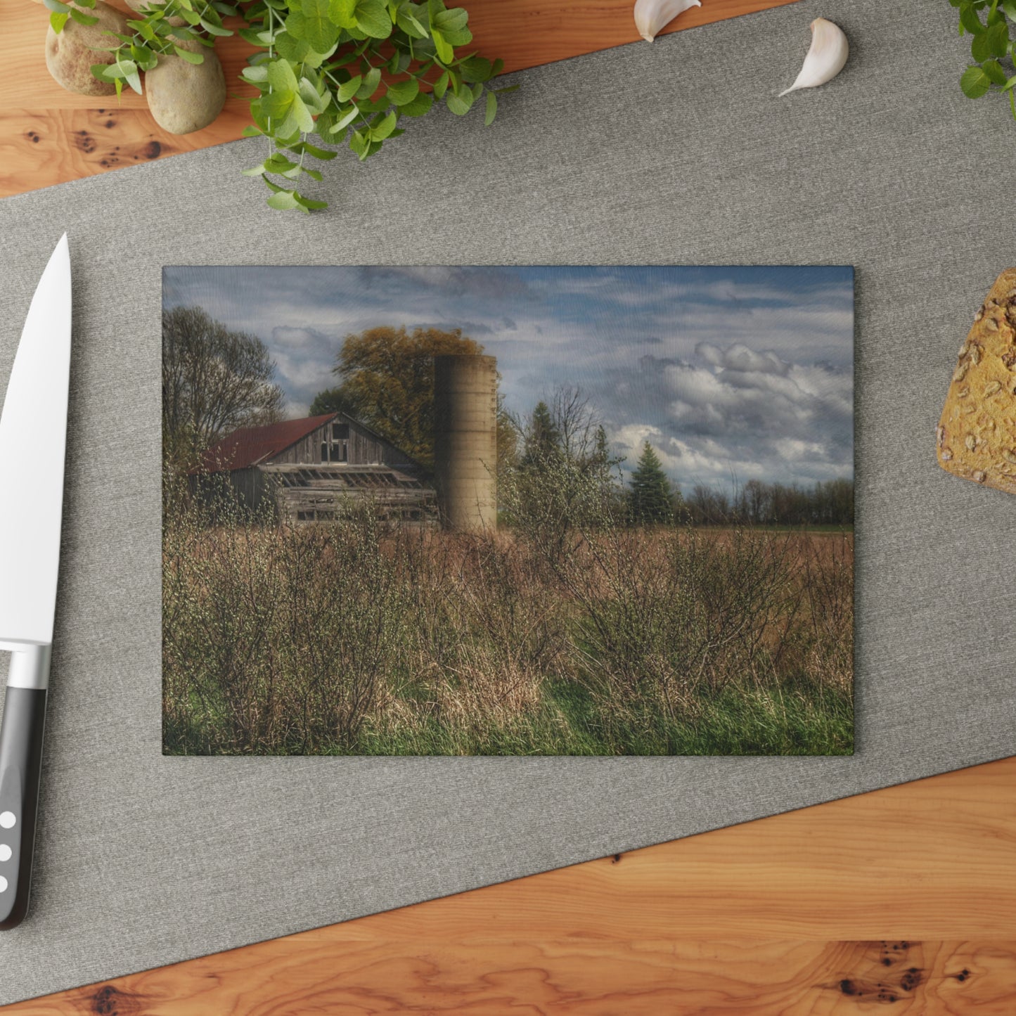 U R There Photography Old Wooden Barn and Silo I Rustic Farmhouse Tempered-Glass Cutting Board