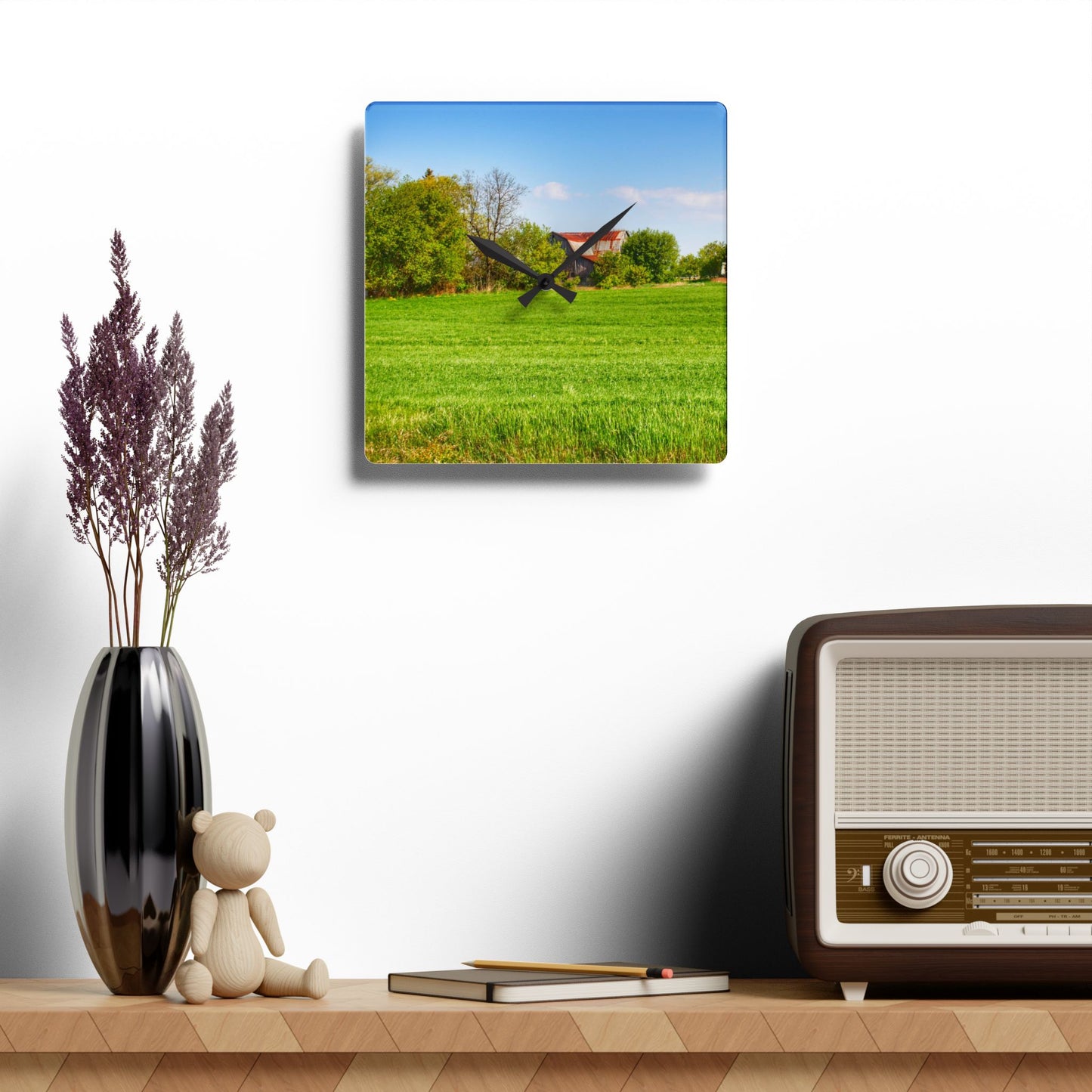 U R There Photography Deckerville Road Hidden Red Rustic Farmhouse Acrylic Analog Wall Clock