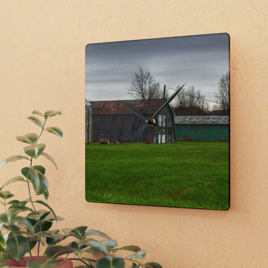 U R There Photography Hough Road Green Quonset II Rustic Farmhouse Acrylic Analog Wall Clock