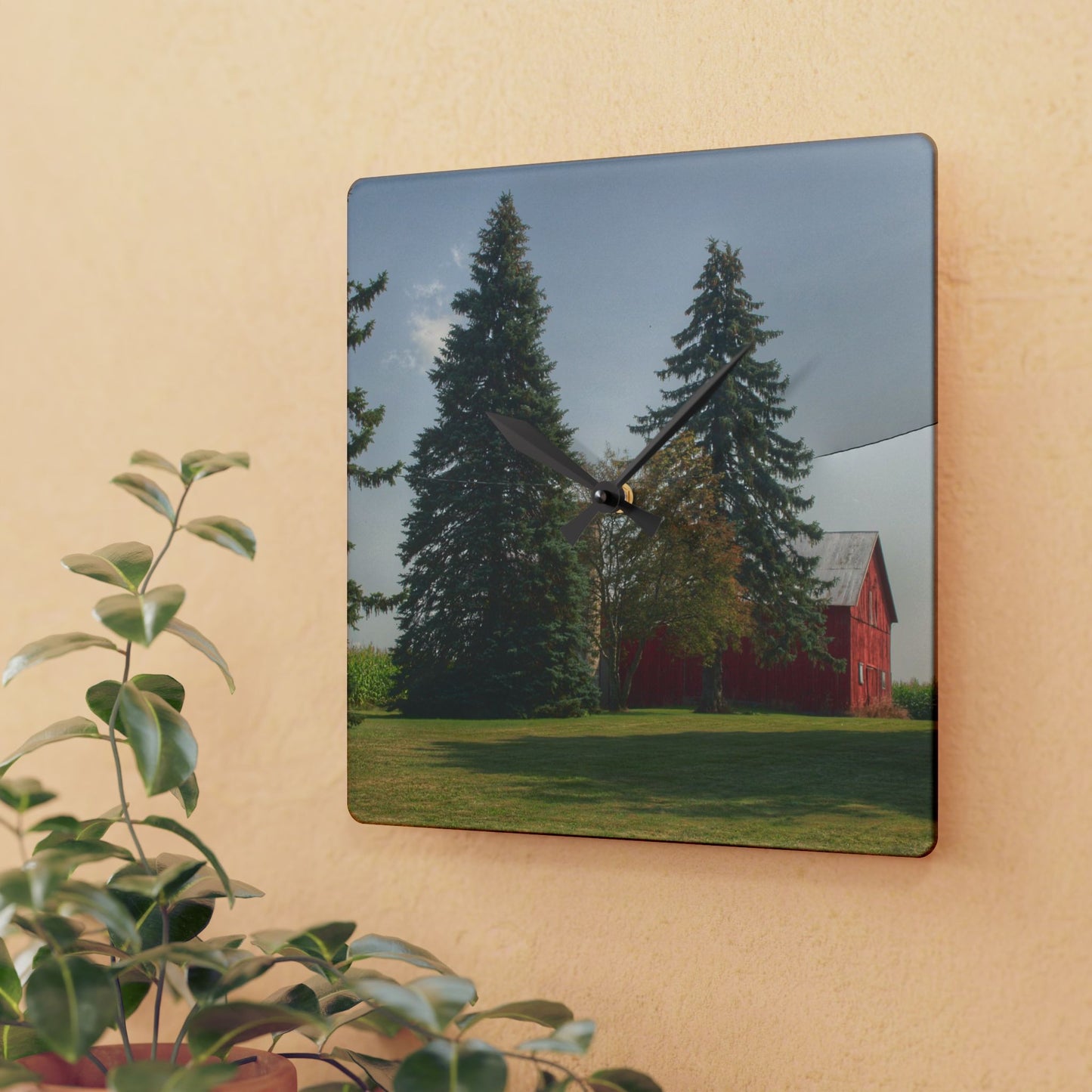 U R There Photography Small Red Barn Beneath the Pines Rustic Farmhouse Acrylic Analog Wall Clock 10.75'' × 10.75'' (Square)