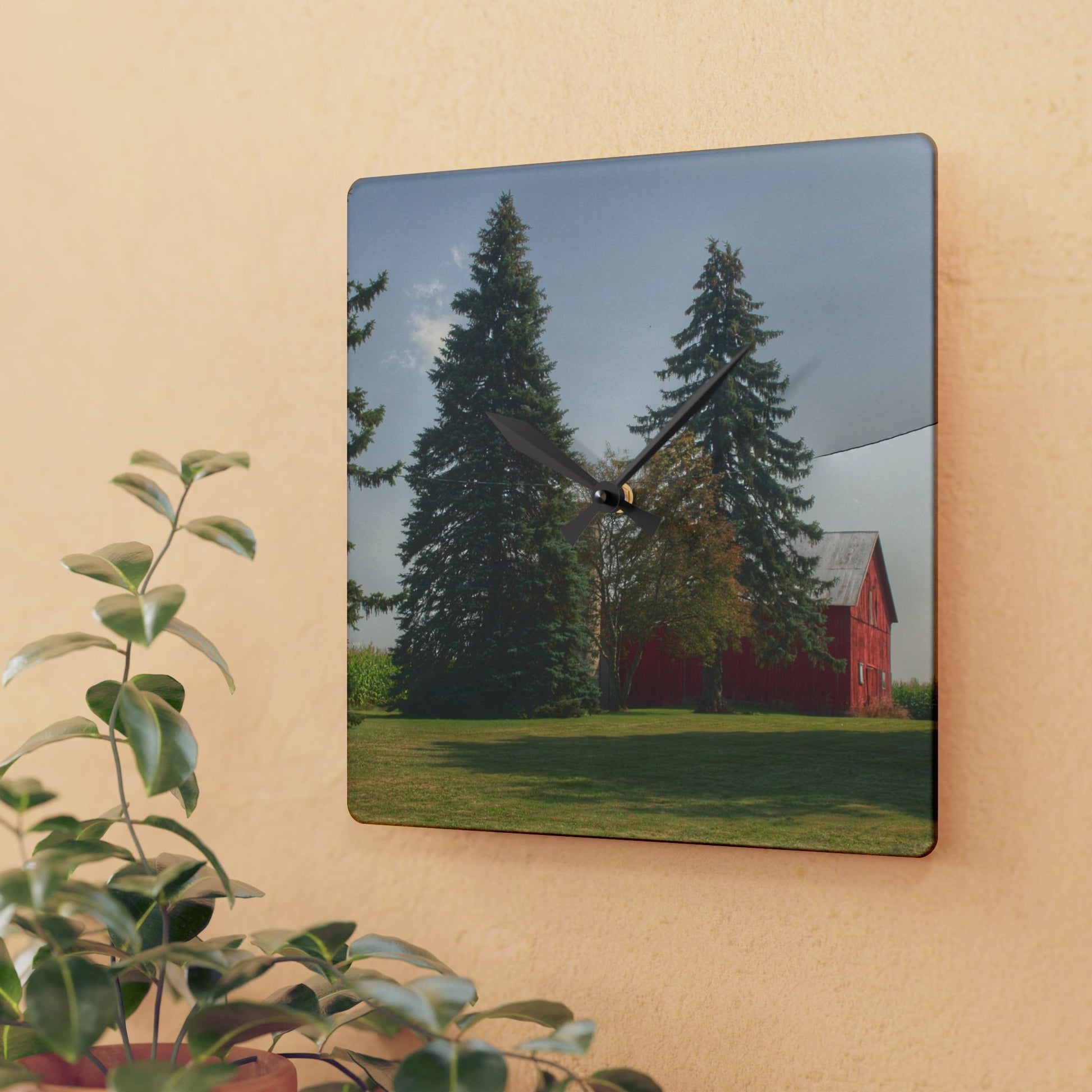 U R There Photography Small Red Barn Beneath the Pines Rustic Farmhouse Acrylic Analog Wall Clock 10.75'' × 10.75'' (Square)