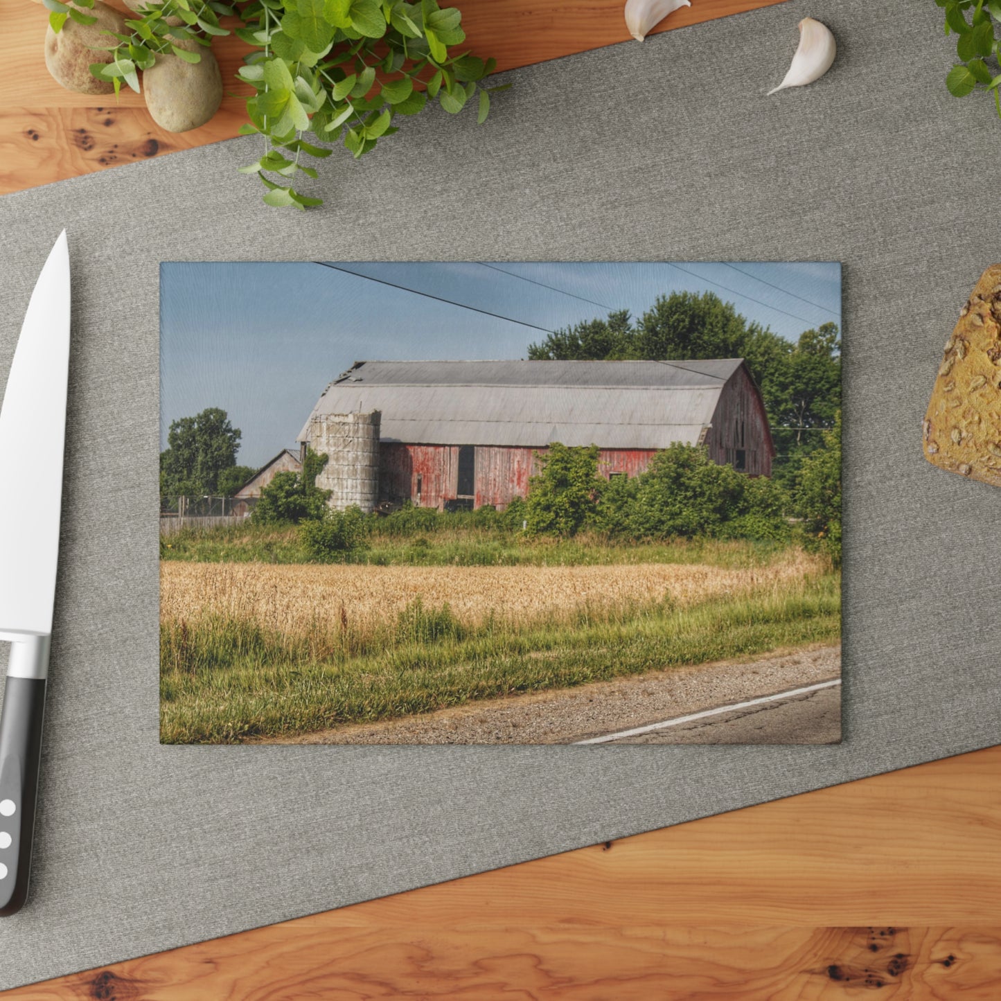 U R There Photography Dodge Road Old Red Rustic Farmhouse Tempered-Glass Cutting Board