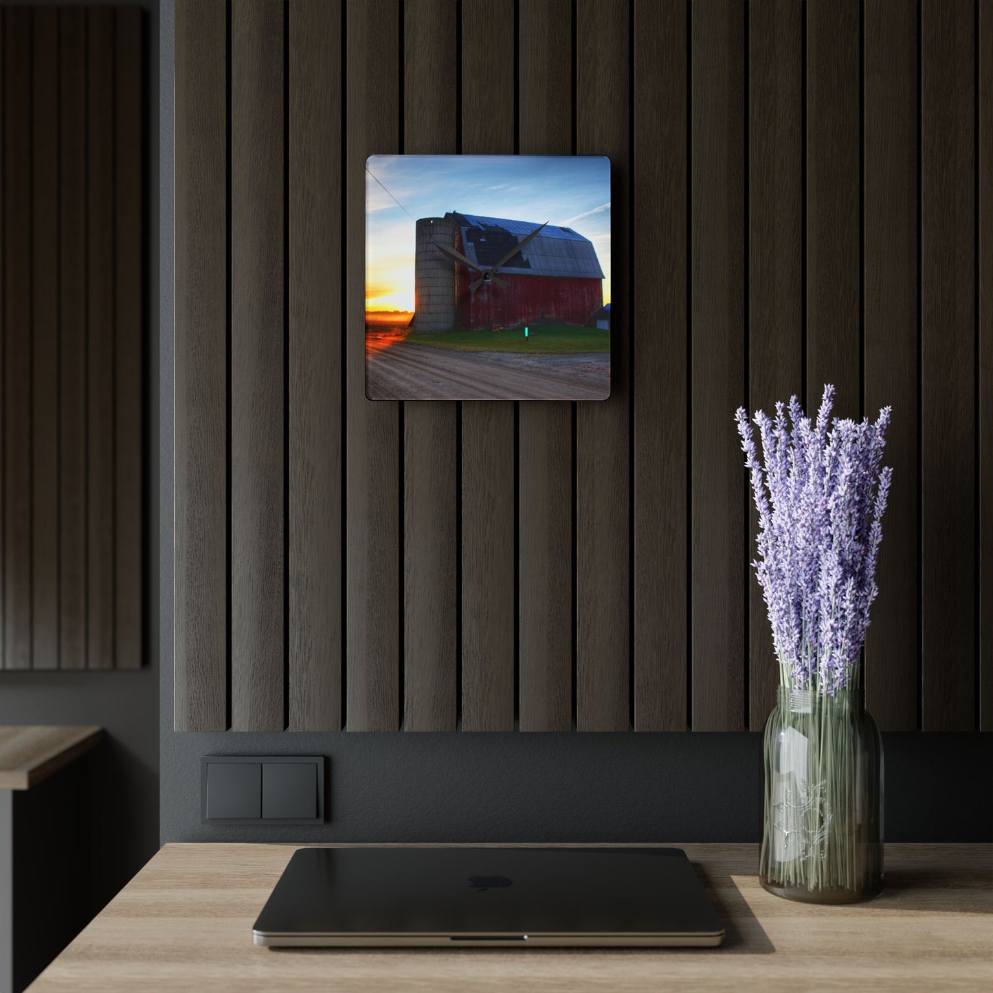 U R There Photography Haines Road Red at Sunrise Rustic Farmhouse Acrylic Analog Wall Clock