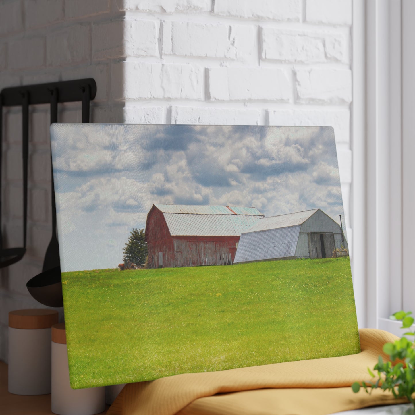 U R There Photography Henderson Hilltop Red Rustic Farmhouse Tempered-Glass Cutting Board