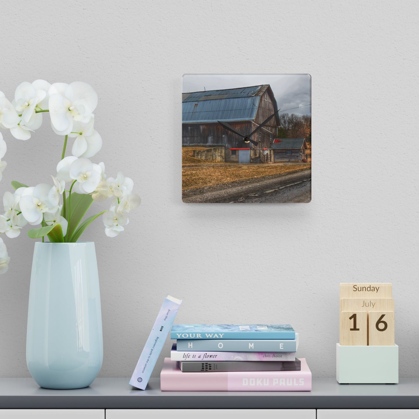 U R There Photography Seymour Lakes Roadside Grey Rustic Farmhouse Acrylic Analog Wall Clock