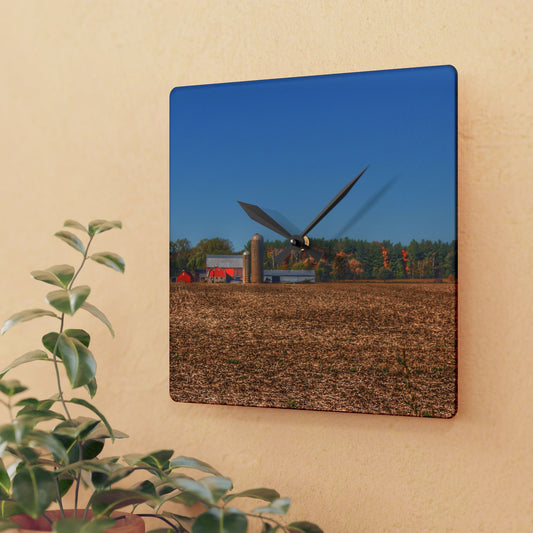 U R There Photography Rowe Road Farm Across the Field Rustic Farmhouse Acrylic Analog Wall Clock
