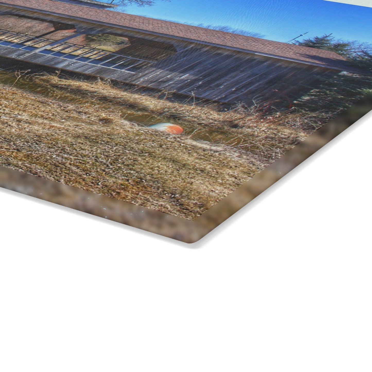 U R There Photography Covered Bridge of Campground Road II Rustic Farmhouse Tempered-Glass Cutting Board