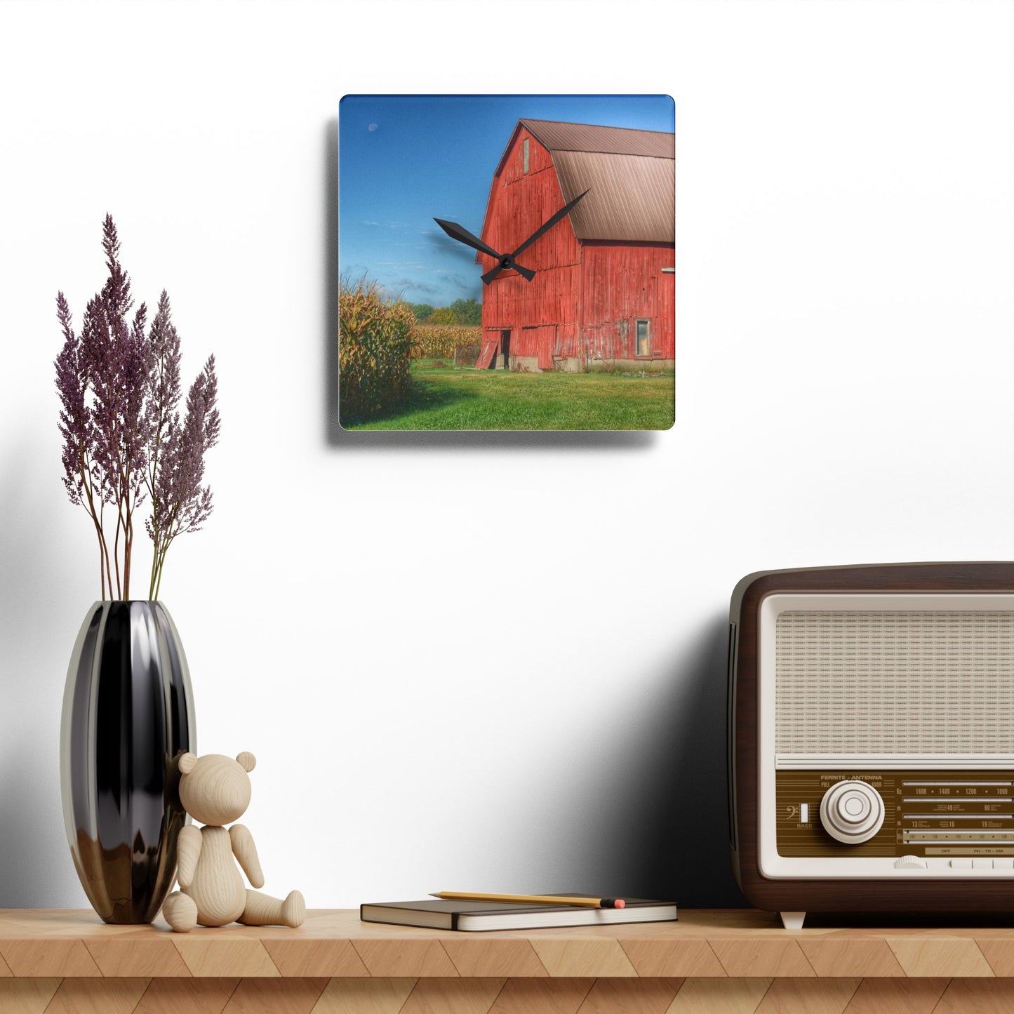 U R There Photography Fargo Road Red I Rustic Farmhouse Acrylic Analog Wall Clock