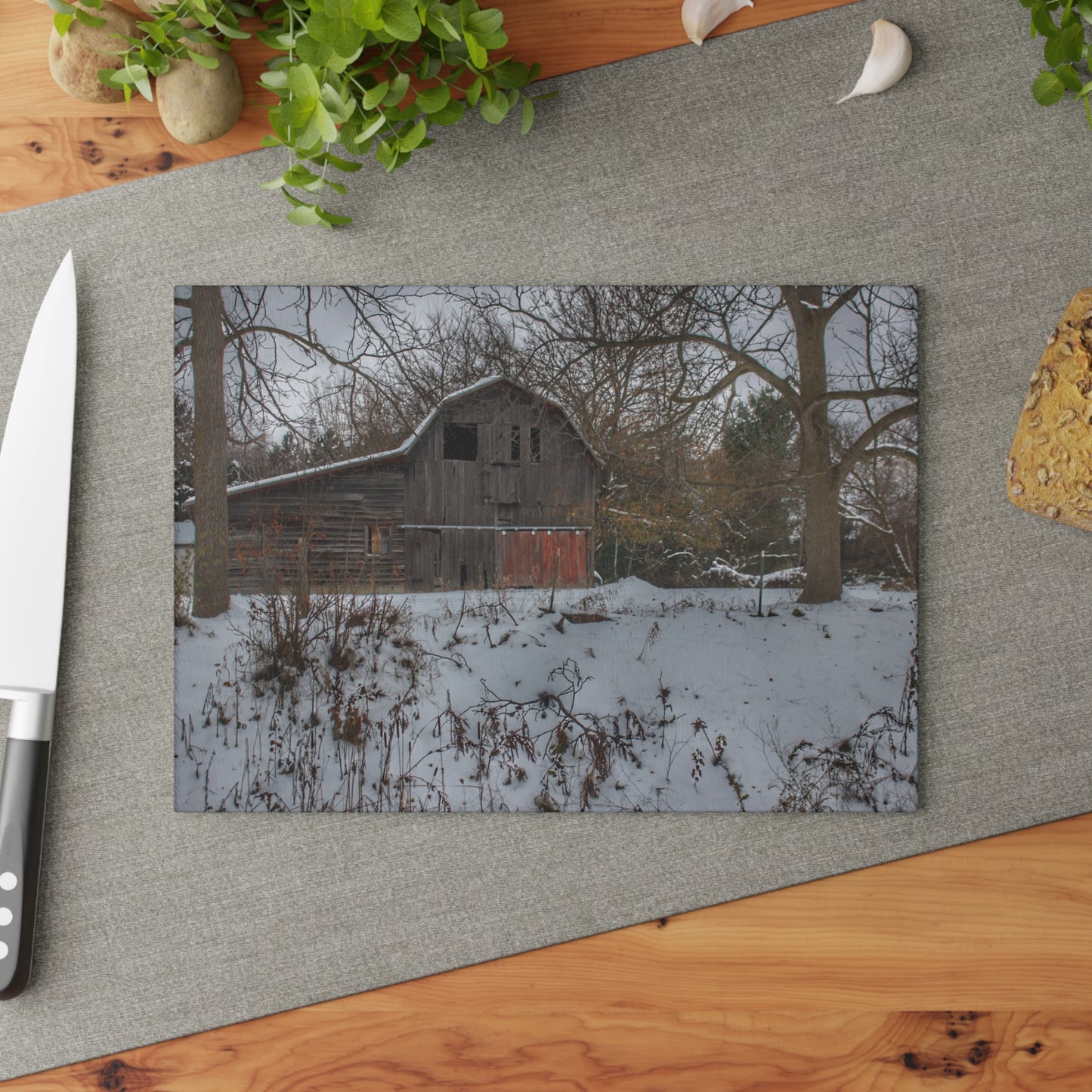 U R There Photography Hayes Road Grey in Winter II Rustic Farmhouse Tempered-Glass Cutting Board