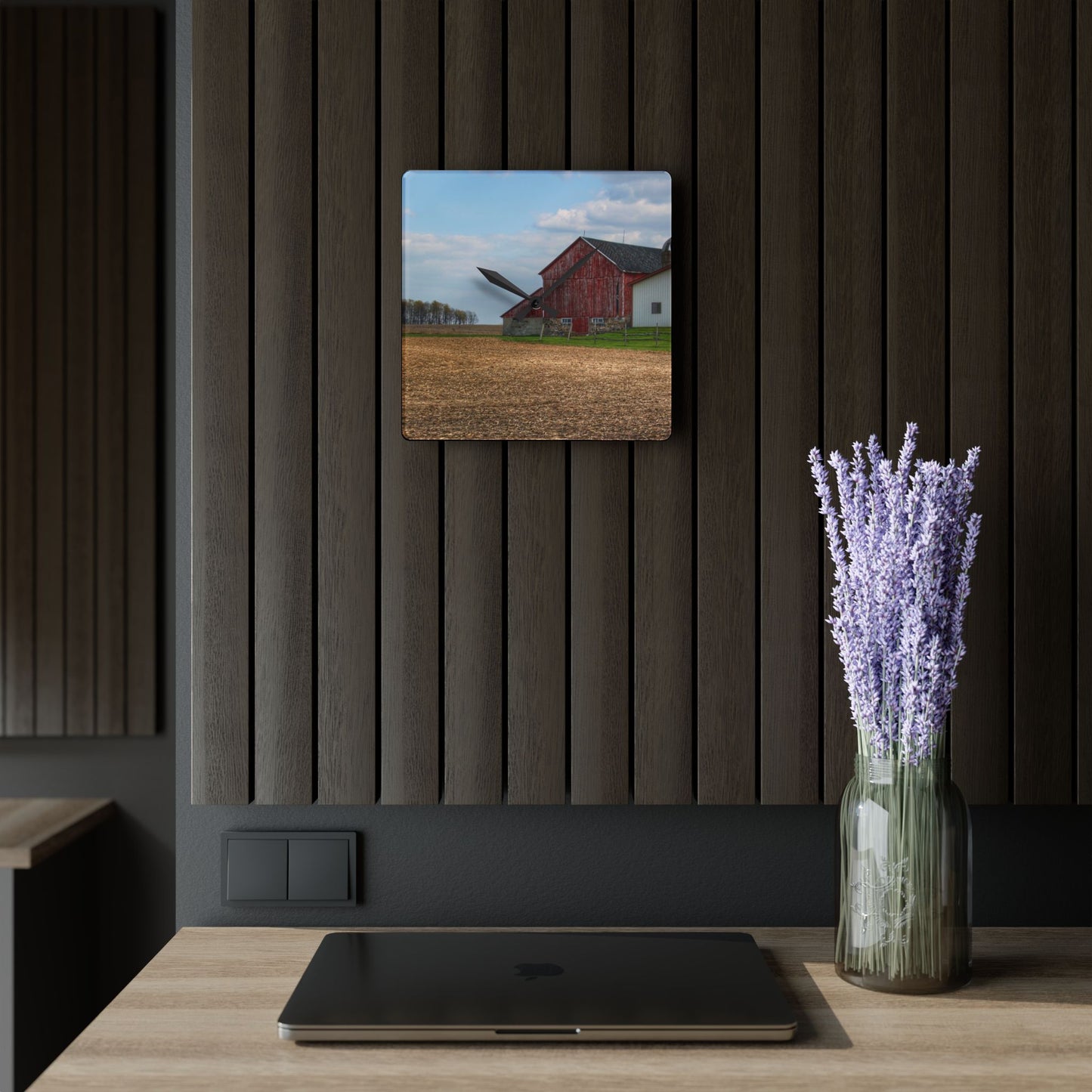 U R There Photography Cedar Creek Road Saltbox Red Rustic Farmhouse Acrylic Analog Wall Clock