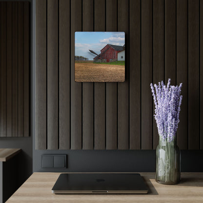 U R There Photography Cedar Creek Road Saltbox Red Rustic Farmhouse Acrylic Analog Wall Clock