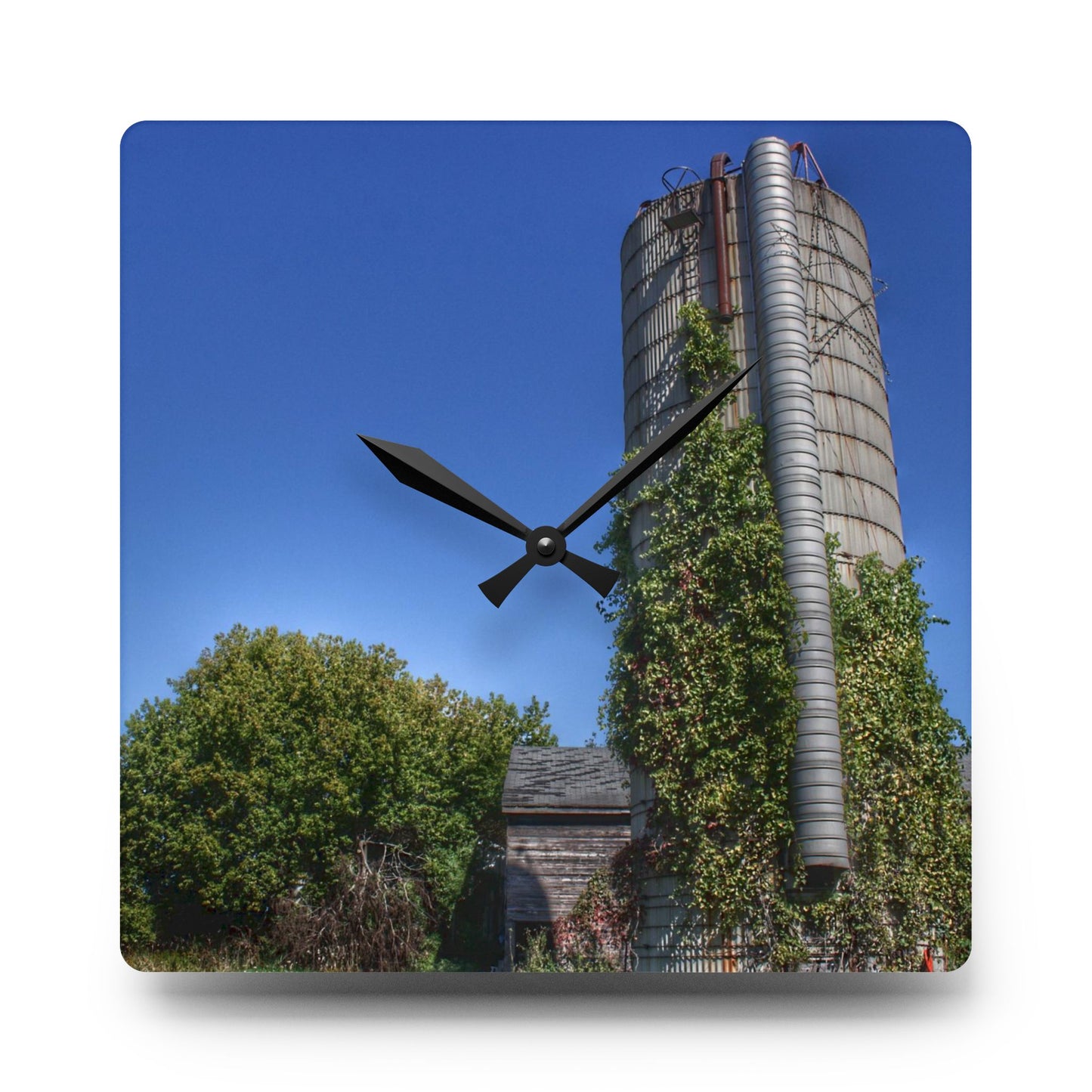 U R There Photography Bordman Road Old Grey and Silo I Rustic Farmhouse Acrylic Analog Wall Clock