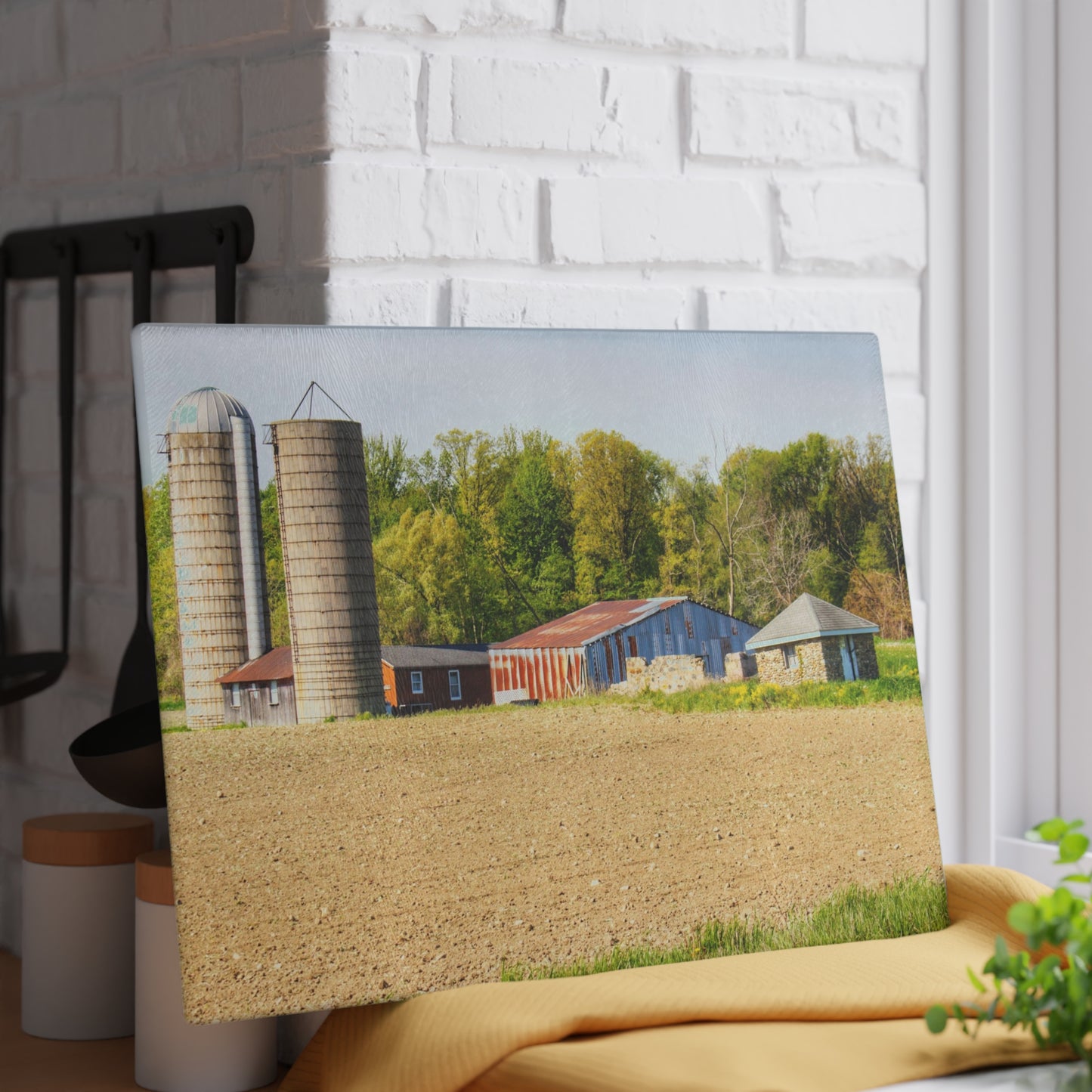 U R There Photography Deckerville Rusted Red Shack Rustic Farmhouse Tempered-Glass Cutting Board