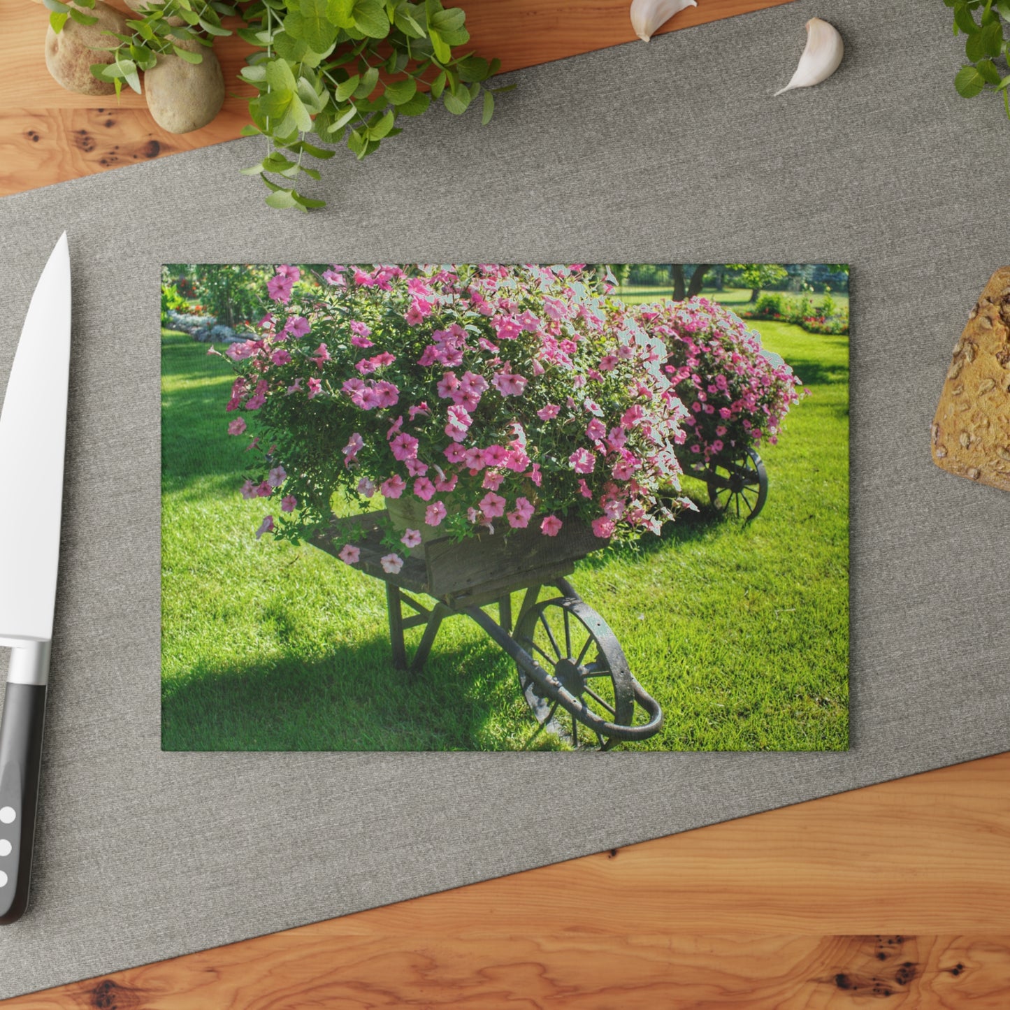 Barn Boutique Rustic Tempered-Glass Cutting Board| Wheelbarrow Full of Flowers