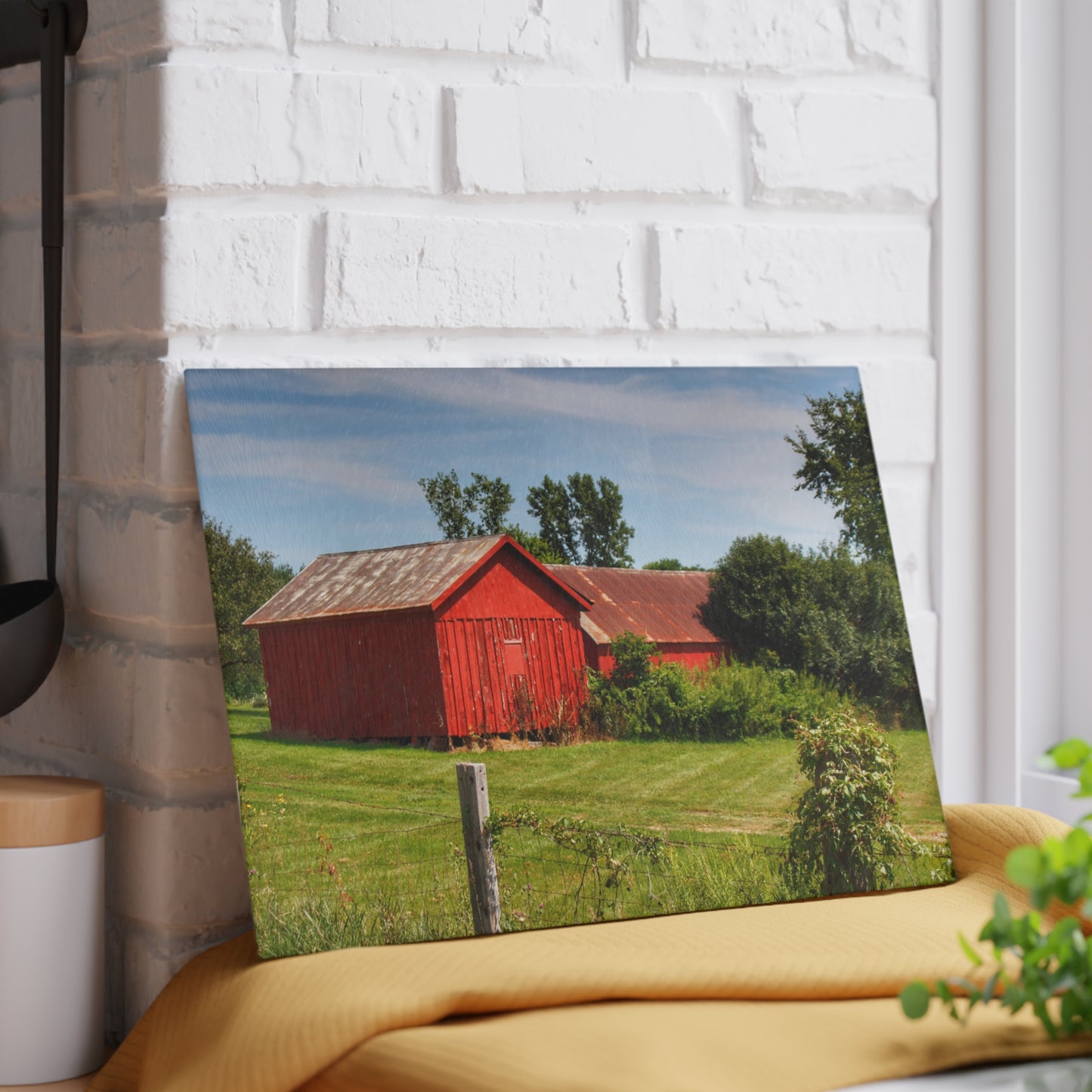 U R There Photography South Oak Road Reds II Rustic Farmhouse Tempered-Glass Cutting Board