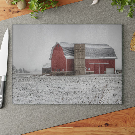 U R There Photography Winter Red Rustic Farmhouse Tempered-Glass Cutting Board