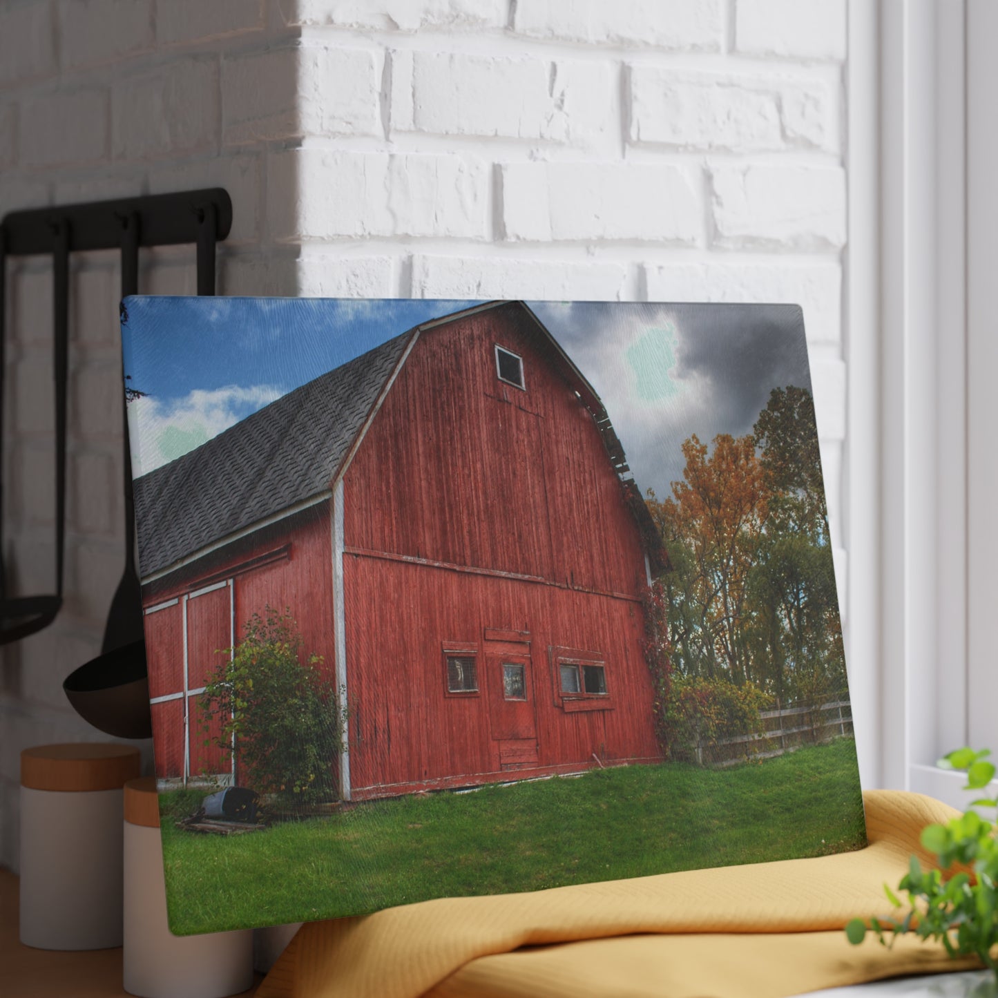 U R There Photography Hegel Road Old Red II Rustic Farmhouse Tempered-Glass Cutting Board