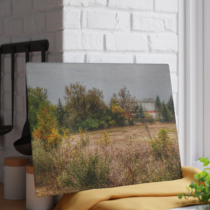 U R There Photography Hadley Road Hidden Red in Fall Rustic Farmhouse Tempered-Glass Cutting Board