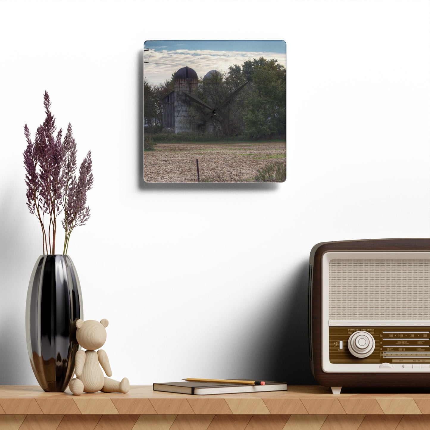 U R There Photography Burnside Road Grey I Rustic Farmhouse Acrylic Analog Wall Clock