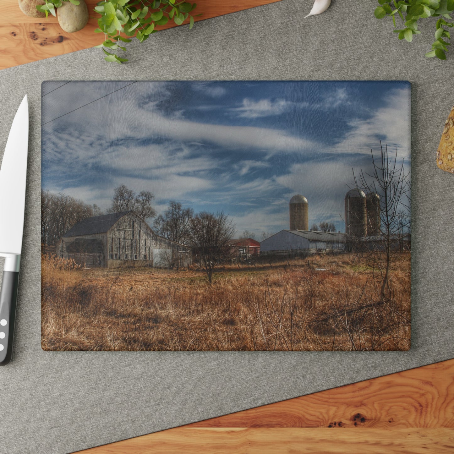 U R There Photography Newark Road White II Rustic Farmhouse Tempered-Glass Cutting Board