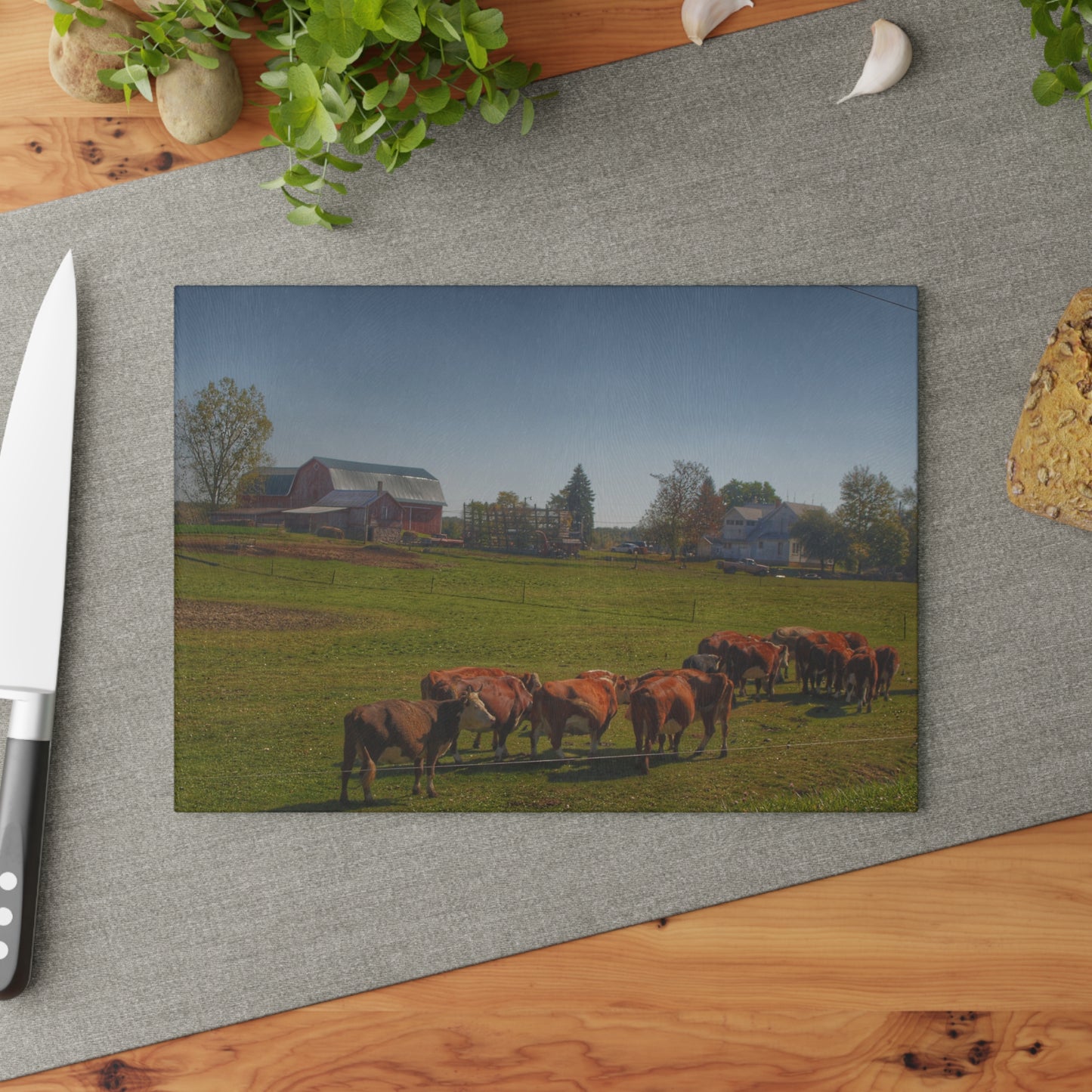 U R There Photography Plain Road Farm and Cows Rustic Farmhouse Tempered-Glass Cutting Board