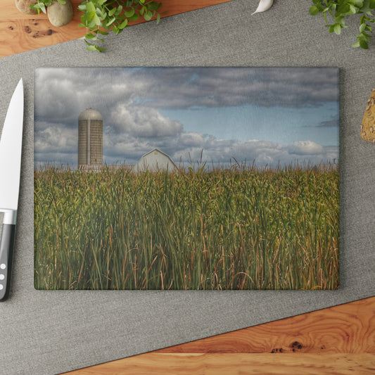 U R There Photography White Barn Overlooking Cornfield Rustic Farmhouse Tempered-Glass Cutting Board