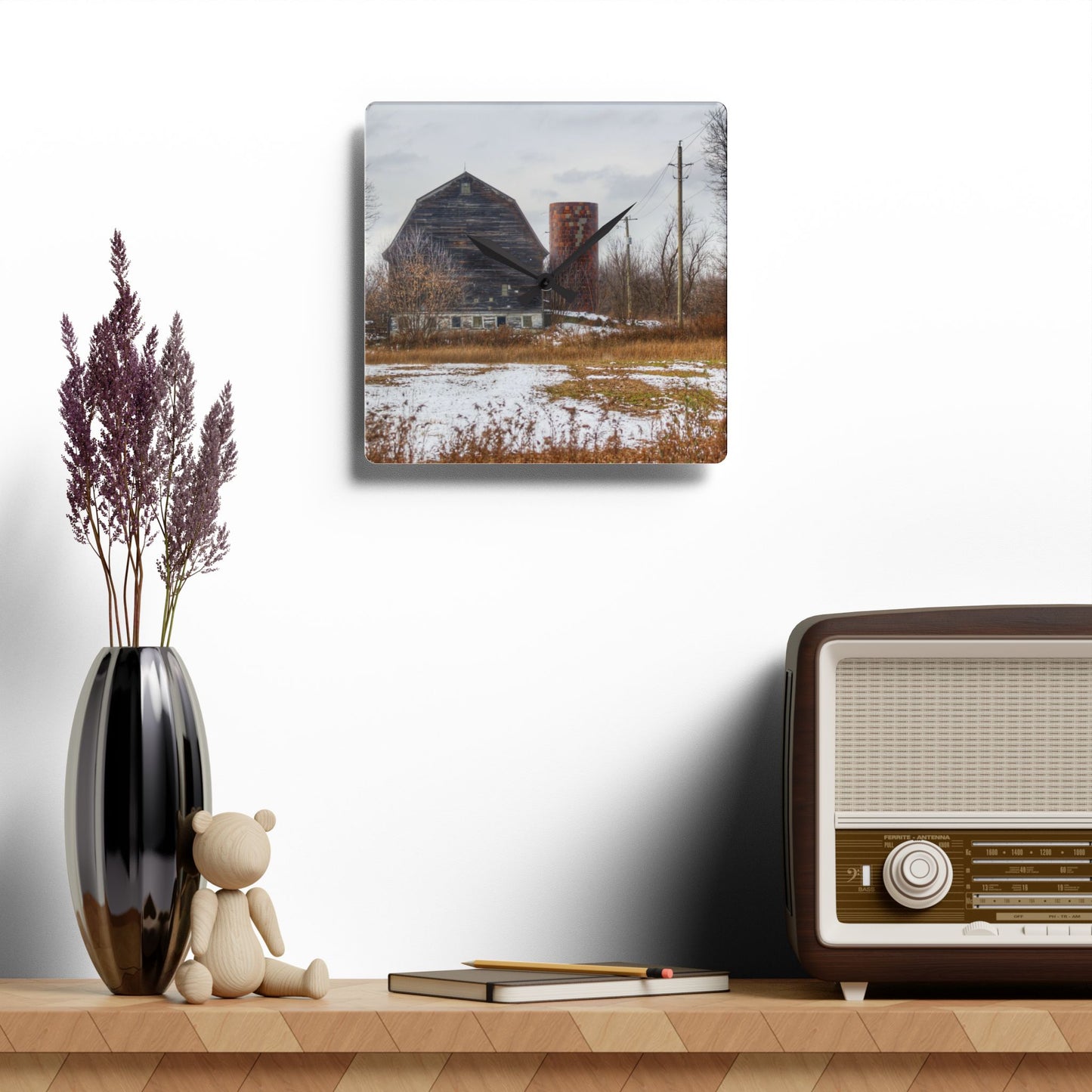 U R There Photography Secord Lake Road Grey Rustic Farmhouse Acrylic Analog Wall Clock