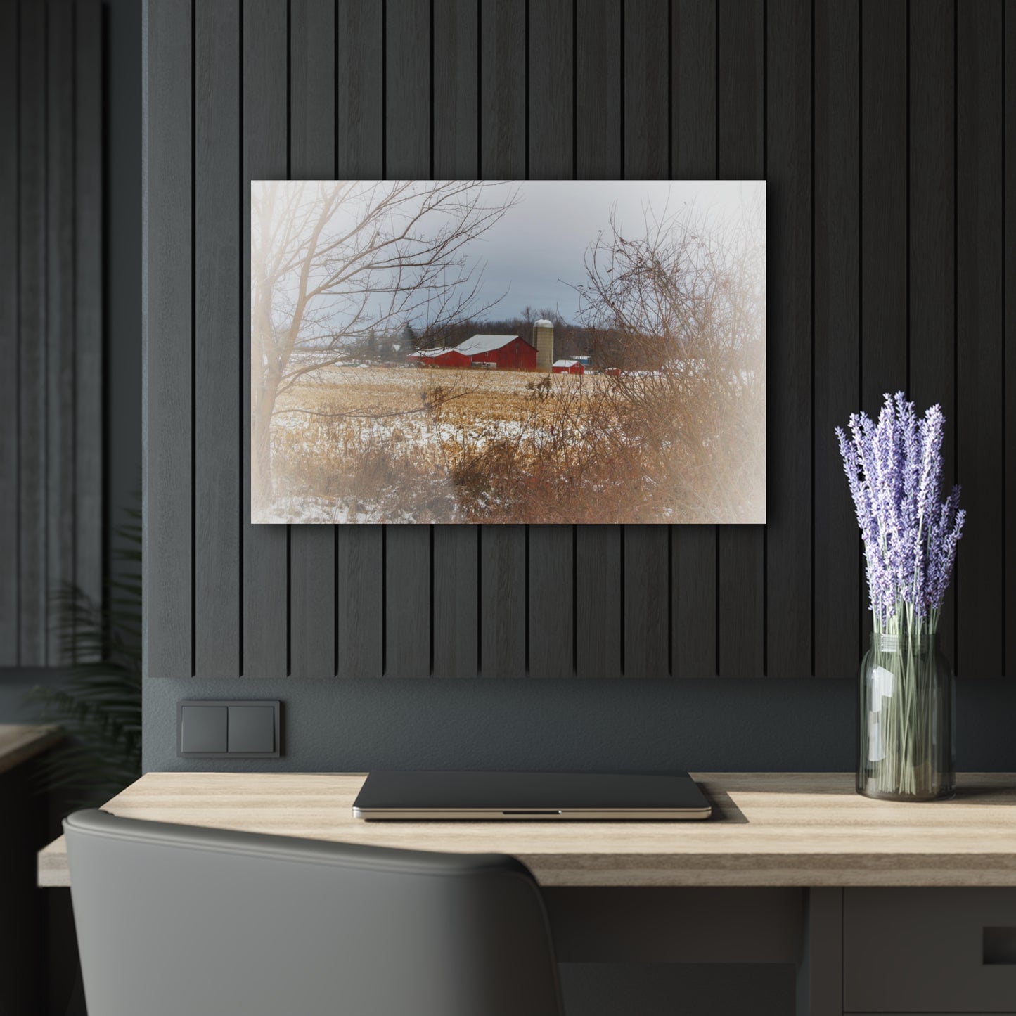 U R There Photography Brook Road Red in Winter Rustic Farmhouse Acrylic Wall Print