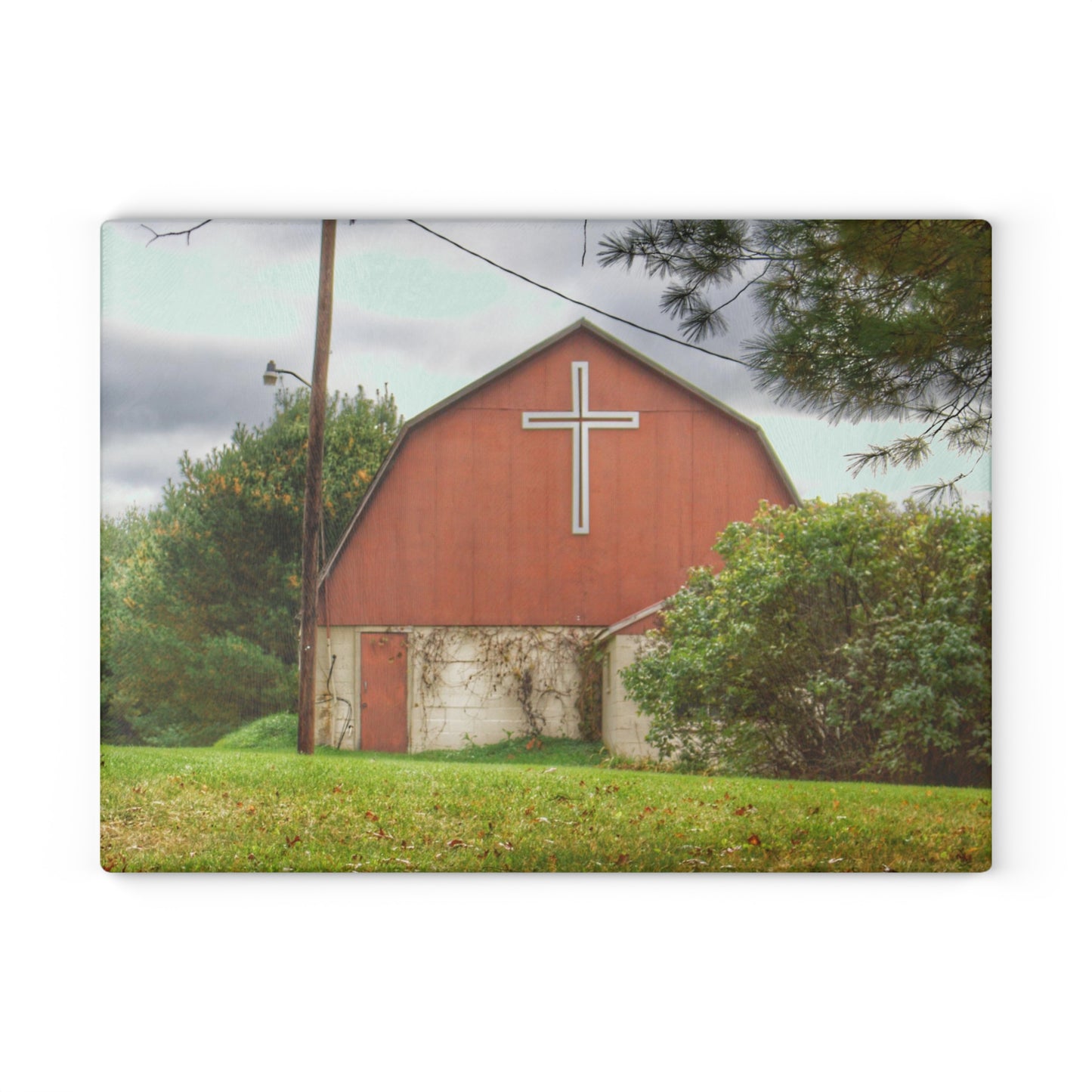 U R There Photography Flint River Road Cross Barn Rustic Farmhouse Tempered-Glass Cutting Board