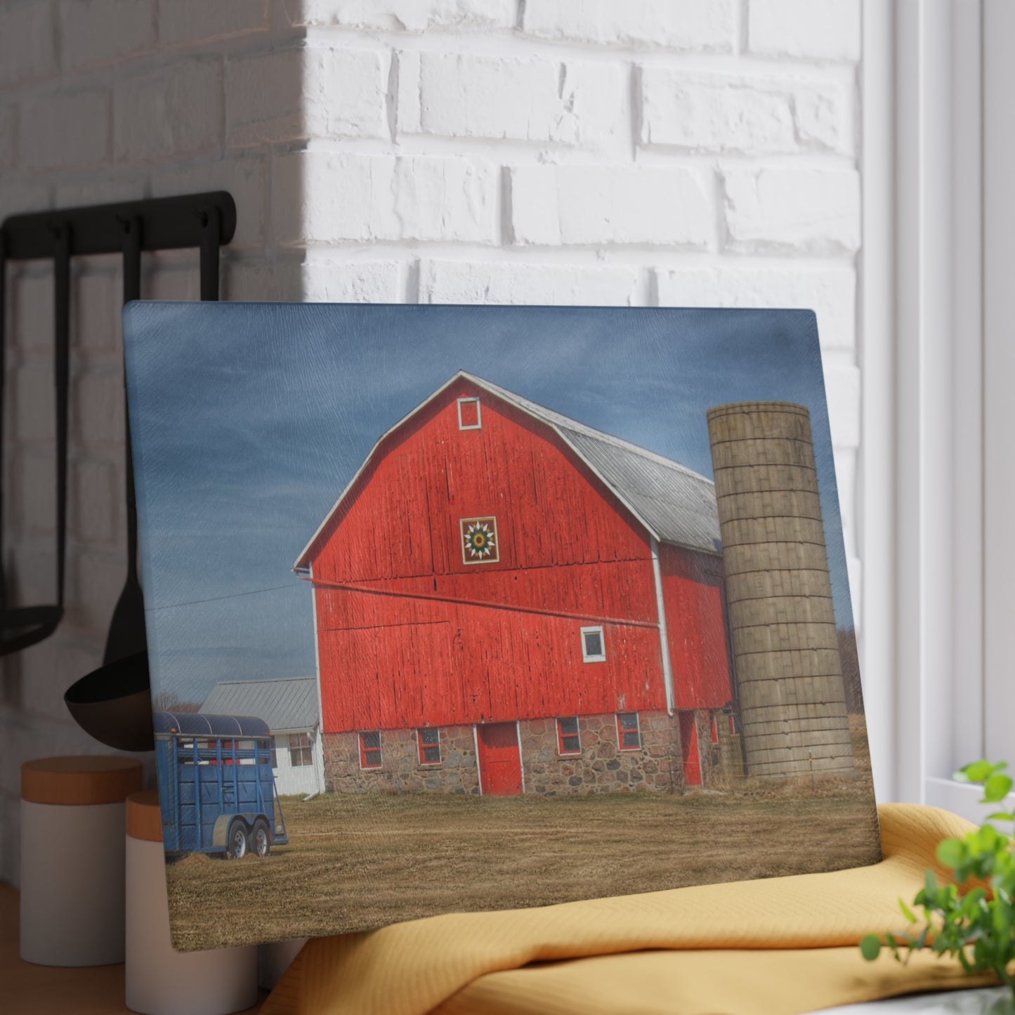 U R There Photography West Brown Road Quilted Red Rustic Farmhouse Tempered-Glass Cutting Board