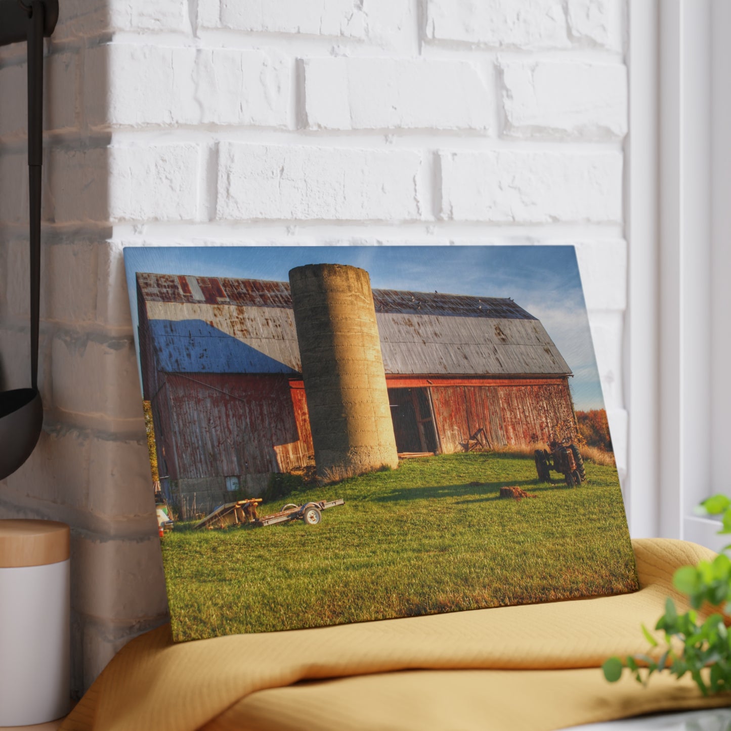 U R There Photography Peck Road Red and Silo Rustic Farmhouse Tempered-Glass Cutting Board 8"x 11"