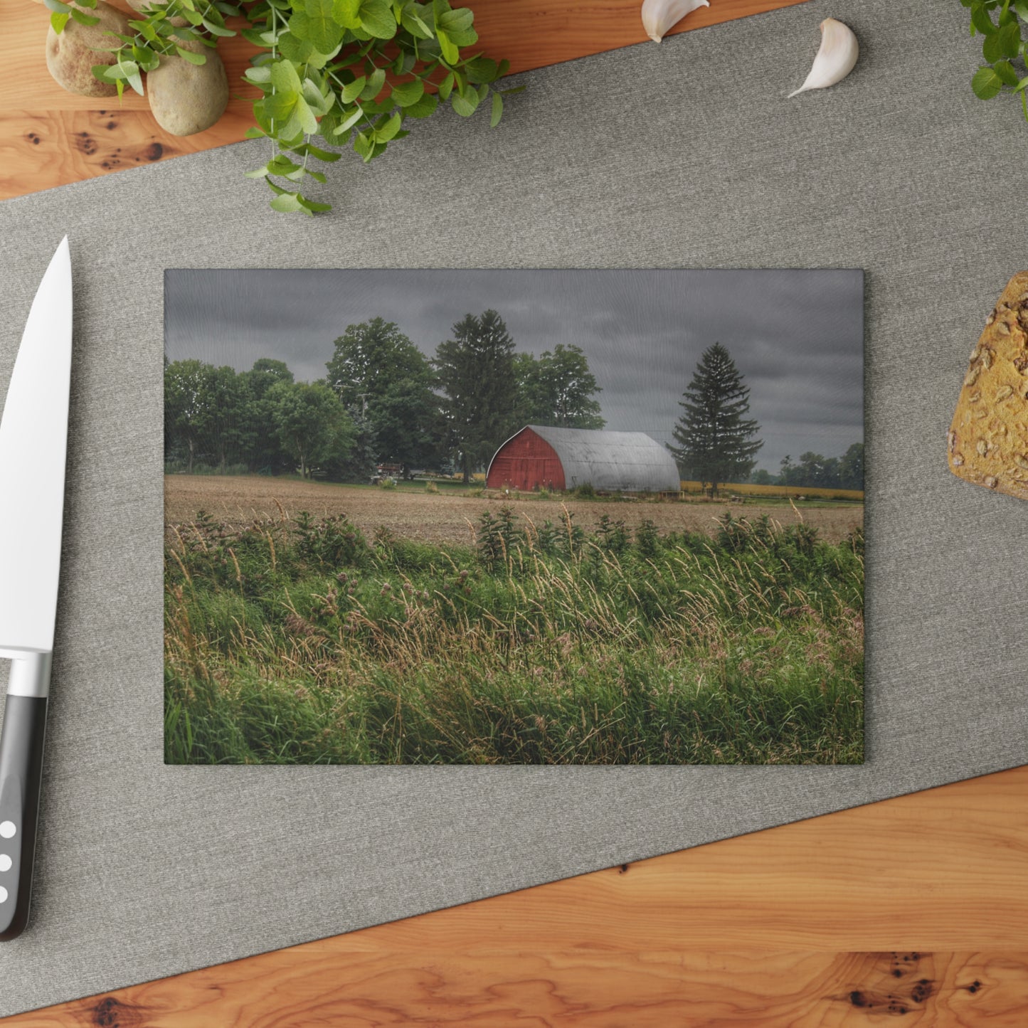 U R There Photography Mayville Road Red Quonset Rustic Farmhouse Tempered-Glass Cutting Board