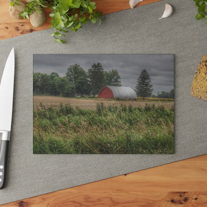 U R There Photography Mayville Road Red Quonset Rustic Farmhouse Tempered-Glass Cutting Board