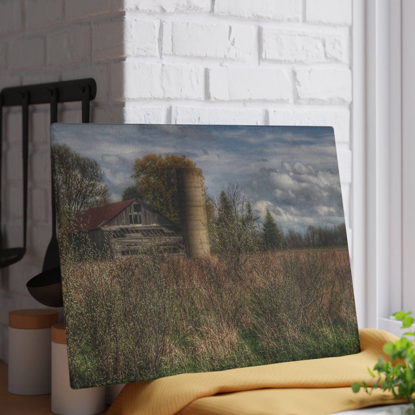 U R There Photography Old Wooden Barn and Silo I Rustic Farmhouse Tempered-Glass Cutting Board