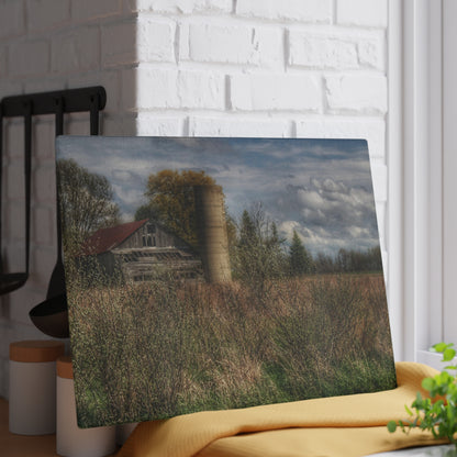 U R There Photography Old Wooden Barn and Silo I Rustic Farmhouse Tempered-Glass Cutting Board