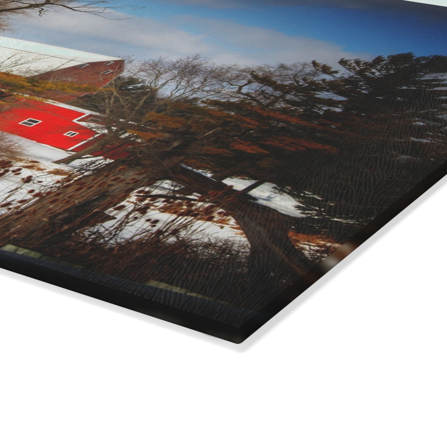 U R There Photography Hadley Road Hidden Winter Red Rustic Farmhouse Tempered-Glass Cutting Board