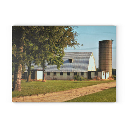 U R There Photography White Barn and Silo Rustic Farmhouse Tempered-Glass Cutting Board