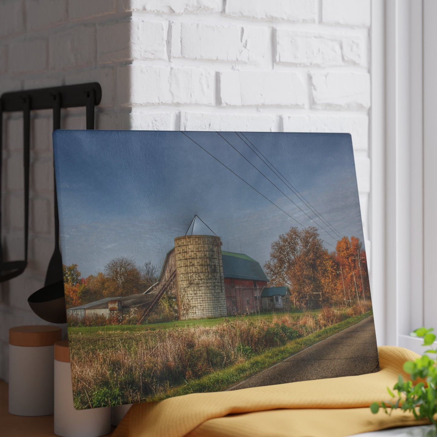 U R There Photography Plumb Creek Road Red in Fall I Rustic Farmhouse Tempered-Glass Cutting Board