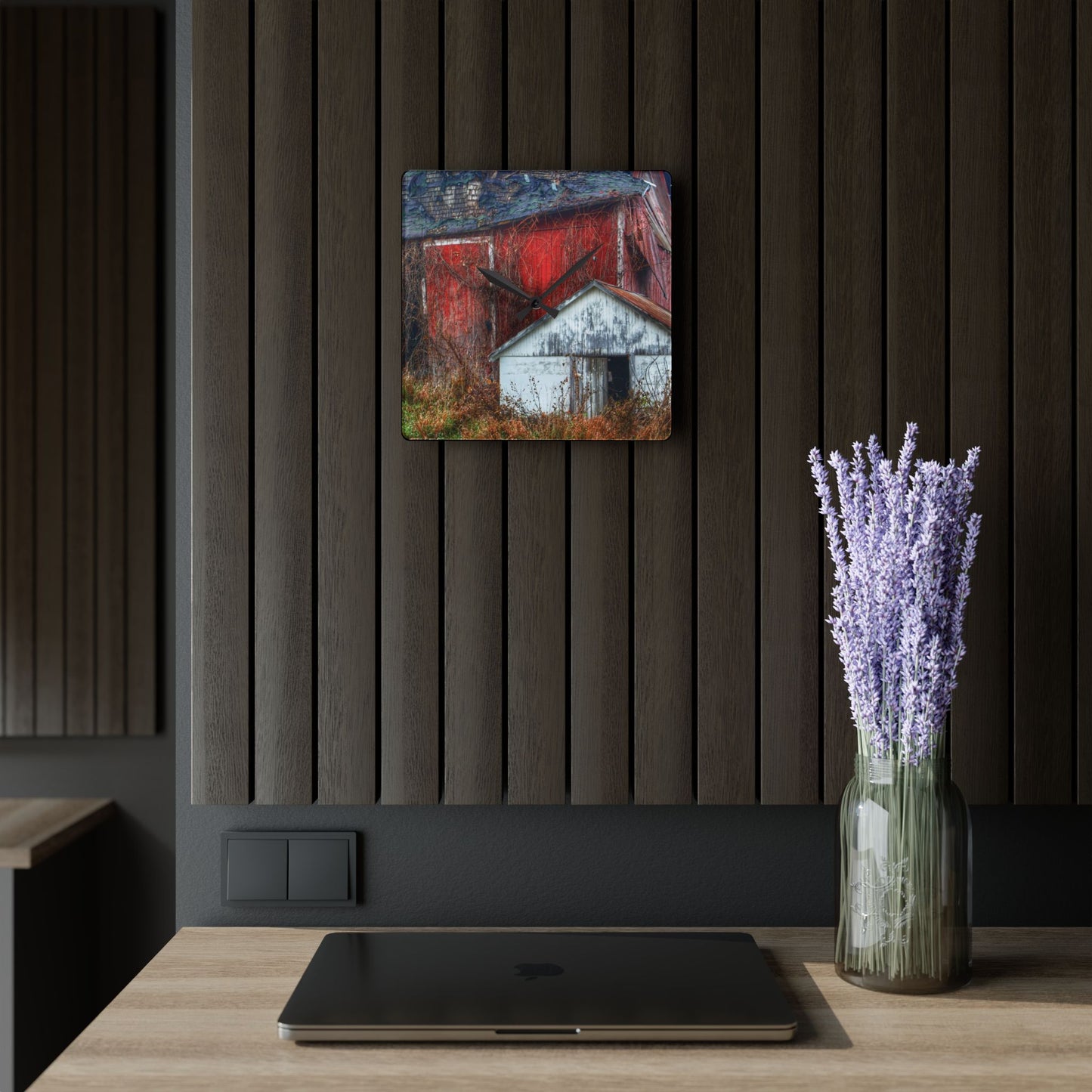 U R There Photography German Road Forgotten Red II Rustic Farmhouse Acrylic Analog Wall Clock