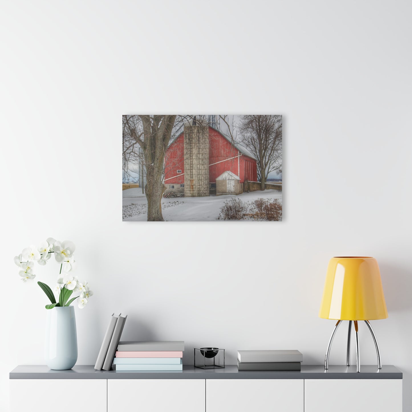 U R There Photography Frenchline Road Red in Winter Rustic Farmhouse Acrylic Wall Print