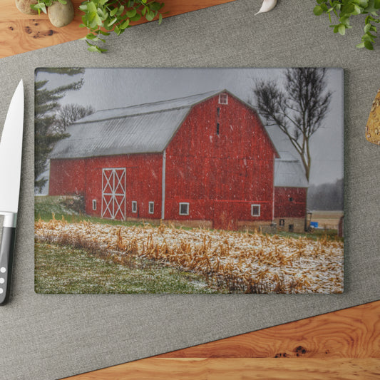 U R There Photography Shoemaker Road Winter Reds I Rustic Farmhouse Tempered-Glass Cutting Board