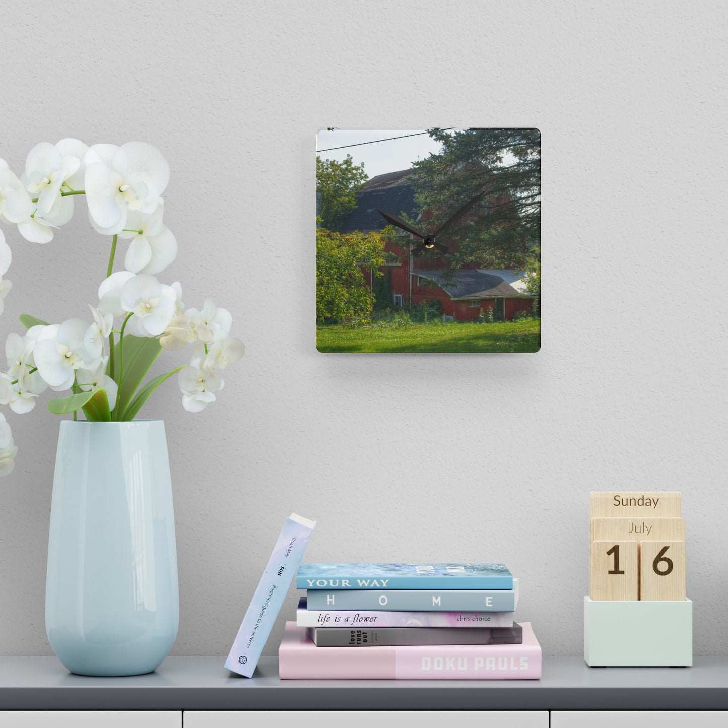 U R There Photography Grey Road Red Rustic Farmhouse Acrylic Analog Wall Clock